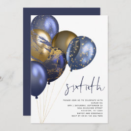 Modern Navy Gold Balloons 60. Geburtstagsparty Einladung