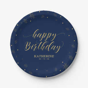 Modern Navy & Gold Sparkle Happy Birthday Party Pappteller