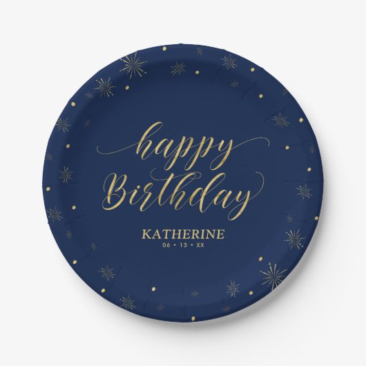 Modern Navy & Gold Sparkle Happy Birthday Party Pappteller (Vorderseite)