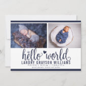 Modern Navy Hello World Foto Birth Stat Ankündigung (Vorderseite)