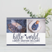 Modern Navy Hello World Foto Birth Stat Ankündigung (Stehend Vorderseite)