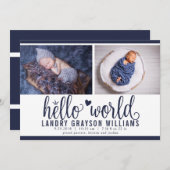 Modern Navy Hello World Foto Birth Stat Ankündigung (Vorne/Hinten)