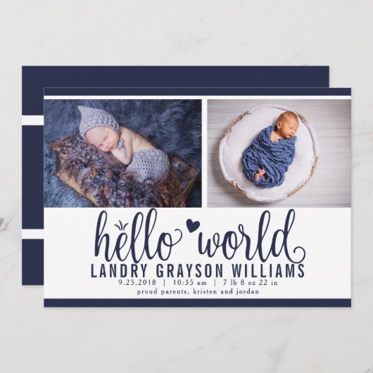 Modern Navy Hello World Foto Birth Stat Ankündigung (Vorne/Hinten)