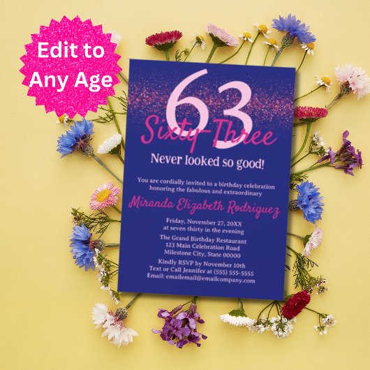 Modern Navy Hot Pink Glitzern Blush Weibchen Gebur Einladung