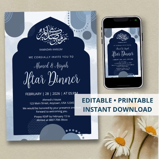 Modern Navy Iftar Invitation  withGeometric Arch Einladung