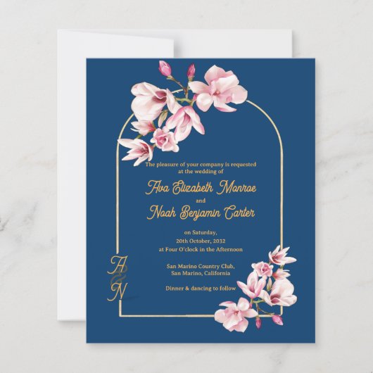 Modern Navy Photo Floral Wedding Invitation (Vorderseite)