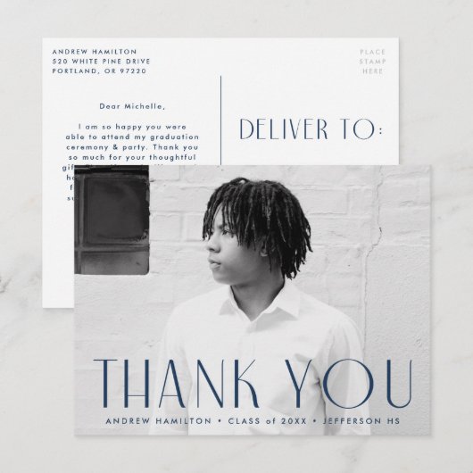 Modern Navy Photo Graduation Thank You Postkarte (Vorne/Hinten)