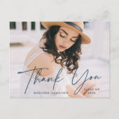 Modern Navy Script Photo Graduation Thank You Postkarte (Vorderseite)