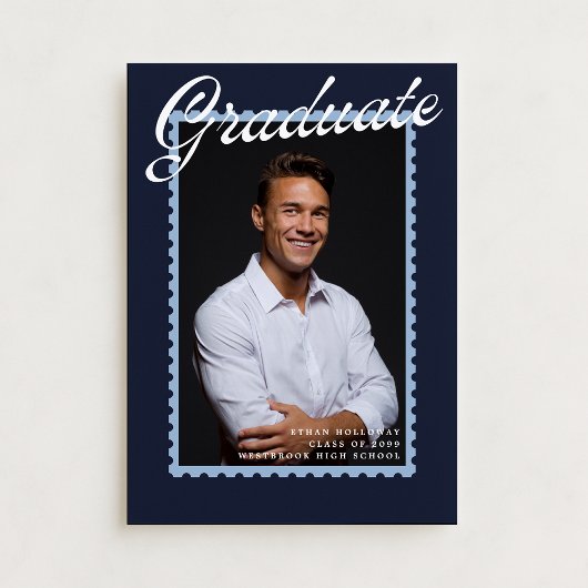 Modern Navy Stamp Graduation Announcement Einladung
