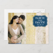 Modern Navy Swirl Label Save the Date Fotokarte Ankündigungspostkarte (Vorne/Hinten)