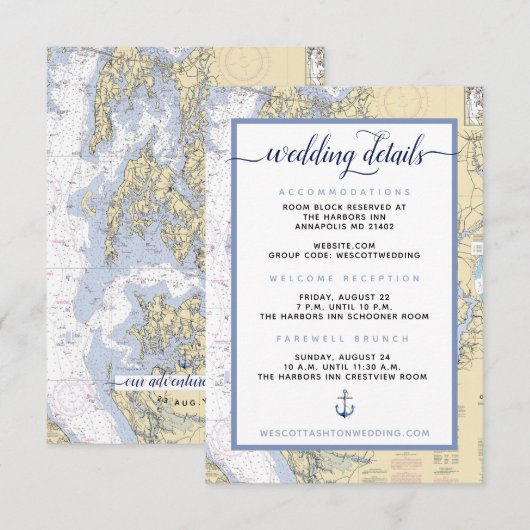 Modern Navy #Wedding Annapolis MD Nautical Map Begleitkarte (Vorne/Hinten)