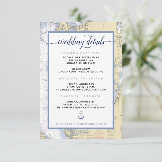 Modern Navy #Wedding Annapolis MD Nautical Map Begleitkarte (Stehend Vorderseite)