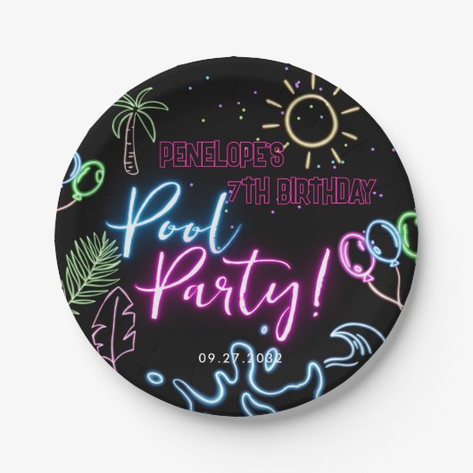 Modern Neon Glow Black Pool Party Birthday Pappteller (Vorderseite)