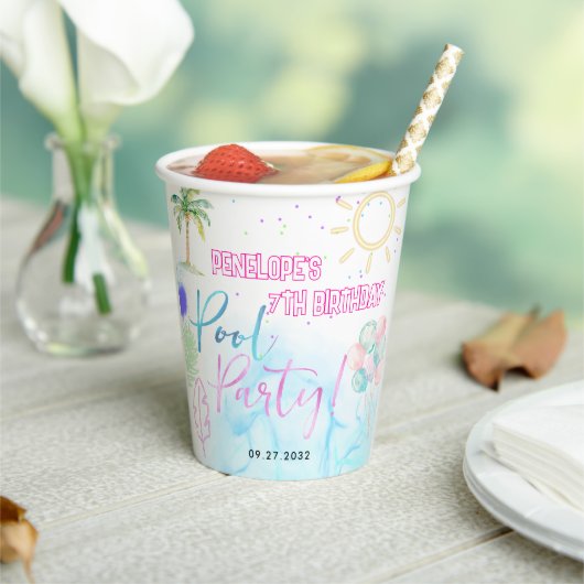 Modern Neon Glow Watercolor Pool Party Birthday Pappbecher (In Situ)