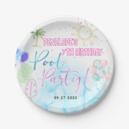Modern Neon Glow Watercolor Pool Party Birthday Pappteller