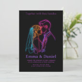 Modern Neon Line Art Couple Wedding Invitation Einladung (Stehend Vorderseite)