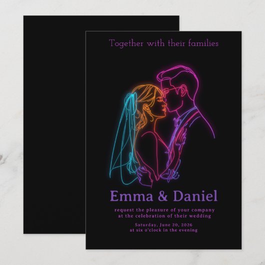 Modern Neon Line Art Couple Wedding Invitation Einladung (Vorne/Hinten)