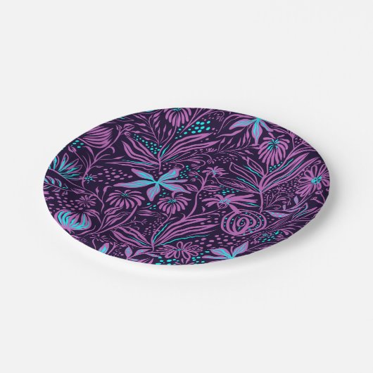 Modern Neon Purple Floral Pattern Pappteller (Schrägansicht)
