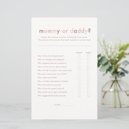 Modern Neutral Baby Shower Mommy oder Daddy Game (Stehend Vorderseite)