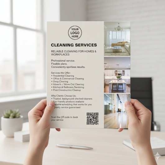 Modern Neutral Cleaning Services Photo Logo QR Flyer