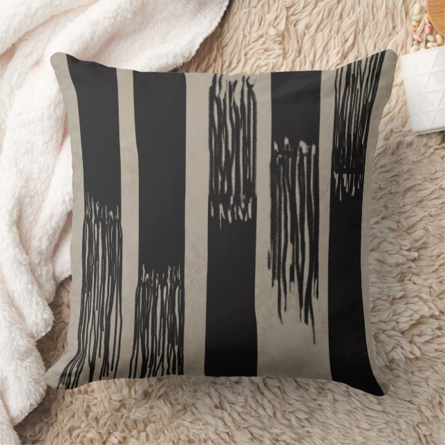 Modern Neutral Contrast Fringed Stripes Tan Black Kissen (Decke)