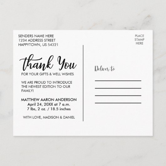 Modern New Baby Boy Vielen Dank Blue Ankündigungspostkarte (Rückseite)