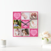 Modern Newborn Baby Personalized 6 Photo Collage  Quadratische Wanduhr (Zuhause)
