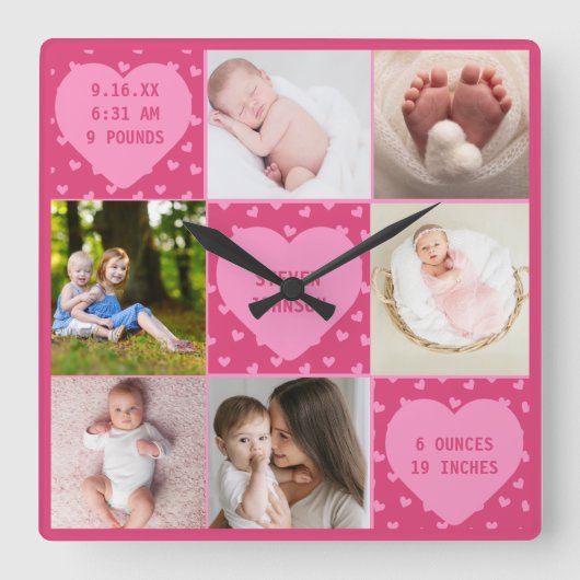 Modern Newborn Baby Personalized 6 Photo Collage Quadratische Wanduhr (Vorderseite)
