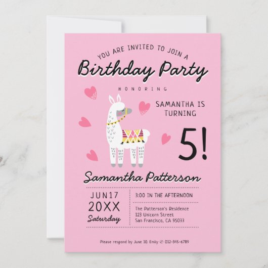Modern Niedliches Party Llama Geburtstag Einladung (Vorderseite)