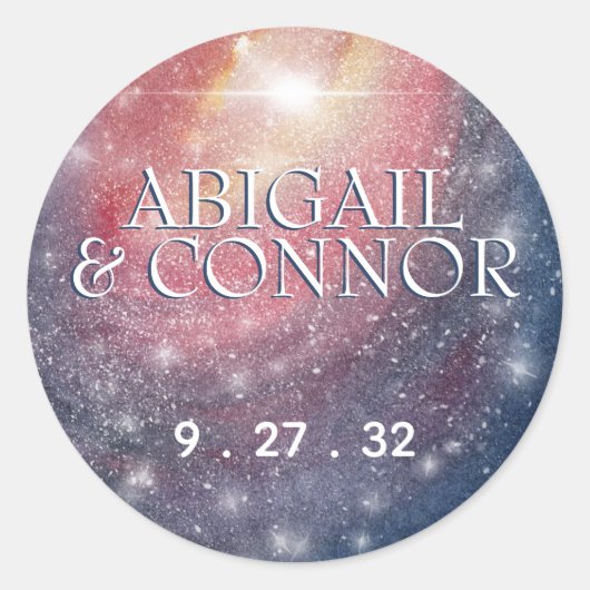Modern Night Sky Galaxy Blue Lila Red Names Runder Aufkleber (Vorderseite)