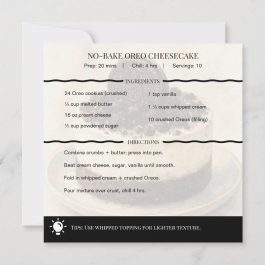 Modern No-Bake Oreo Cheesecake Recipe Card (Vorderseite)
