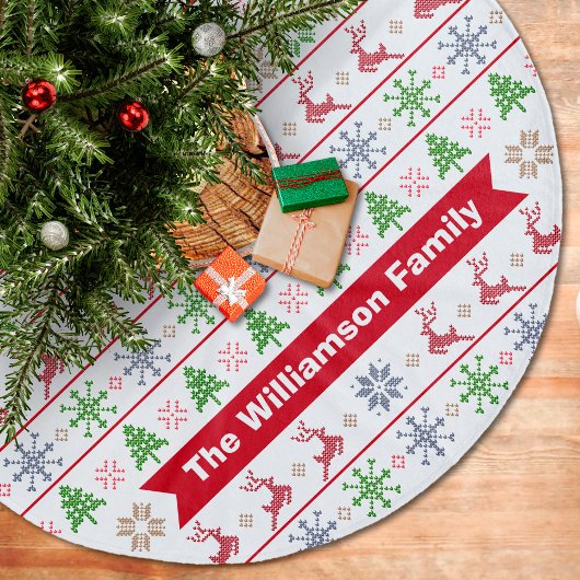 Modern Nordic Knit Ugly Sweater Red Green Monogram Fleece Weihnachtsbaumdecke