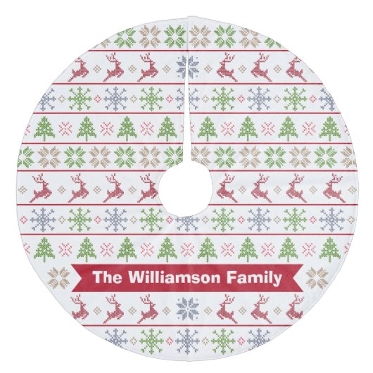 Modern Nordic Knit Ugly Sweater Red Green Monogram Fleece Weihnachtsbaumdecke (Vorderseite)