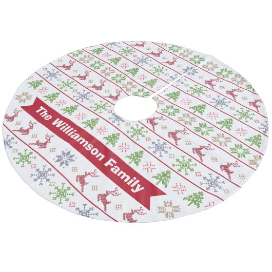 Modern Nordic Knit Ugly Sweater Red Green Monogram Fleece Weihnachtsbaumdecke (Schrägansicht)