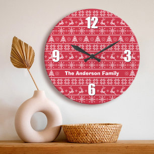 Modern Nordic Knit Ugly Sweater Red White Name Große Wanduhr