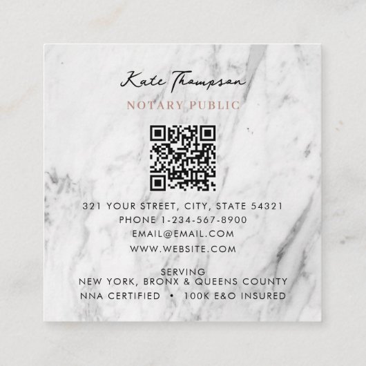 Modern Notary Signing Agent QR Code Marble Pink Quadratische Visitenkarte (Rückseite)