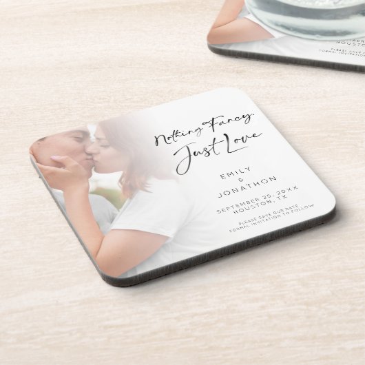 Modern Nothing Fancy Just Love Foto Save the Date Getränkeuntersetzer (Linke Seite)