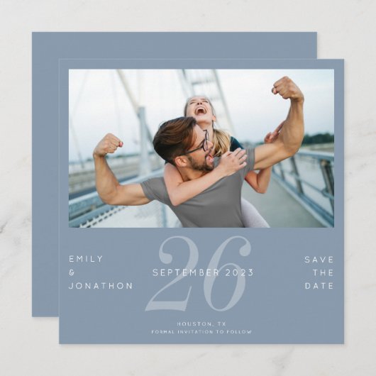 Modern Number Date Foto Dusty Blue Save the Date (Vorne/Hinten)