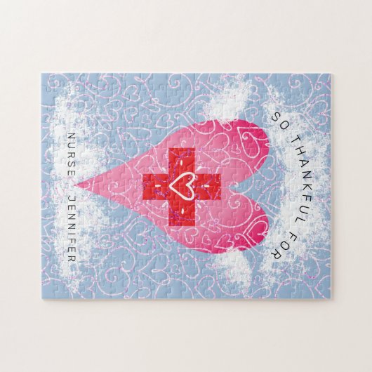 Modern Nurse Rosa Herz mit Wolken Dankbarkeit Name Puzzle (Horizontal)