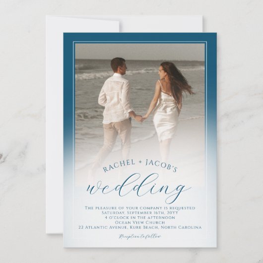 Modern Ocean Blue Ombre 2-Foto Hochzeit Einladung (Vorderseite)