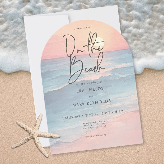 Modern Ocean Sunset Watercolor Beach Arch Wedding Einladung