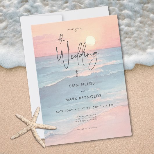 Modern Ocean Sunset Watercolor Beach Wedding Einladung