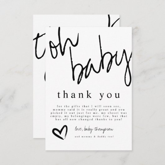 Modern Oh Baby Black & White Baby Dusche Dankeskarte (Vorne/Hinten)