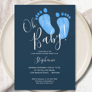 Modern Oh Baby Boy Navy Blue Baby Dusche Einladung