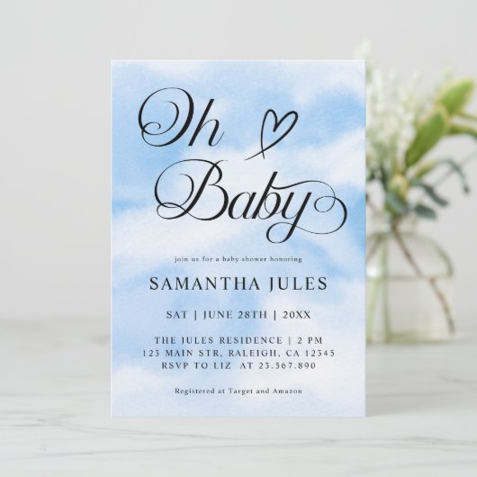 Modern Oh Baby Clouds Themed Baby Dusche Einladung (Stehend Vorderseite)