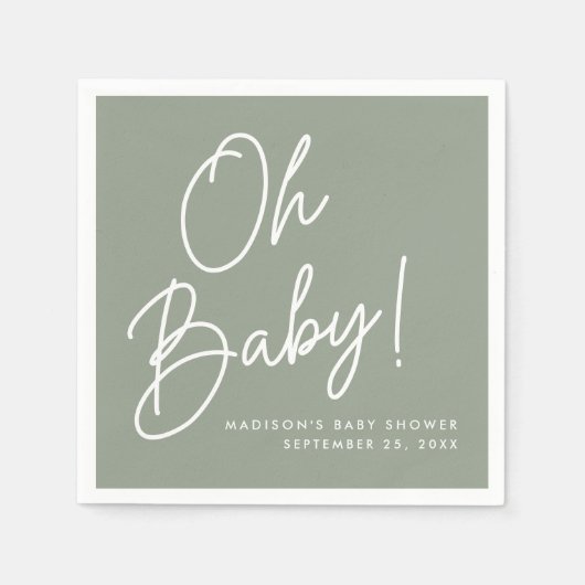 Modern Oh Baby Script Sage Green Baby Dusche Serviette (Vorderseite)