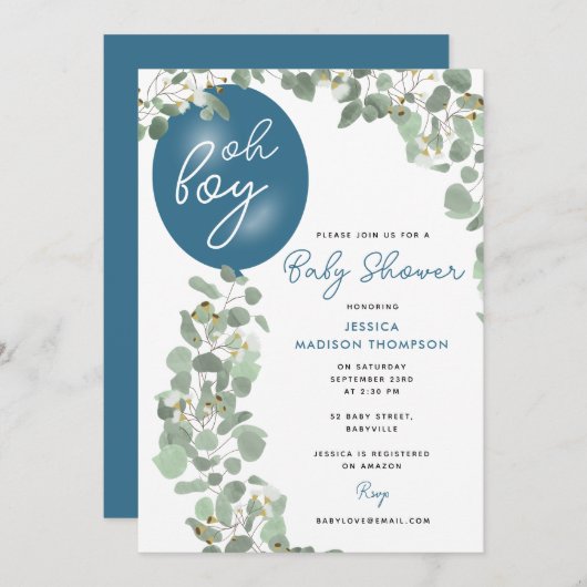 Modern Oh Boy Eucalyptus Blue Balloon Baby Dusche Einladung (Vorne/Hinten)