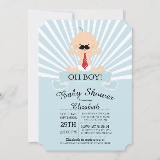 Modern Oh Boy Mustache Boys Baby Dusche Einladung (Vorderseite)