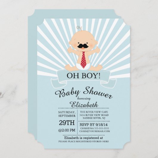 Modern Oh Boy Mustache Boys Baby Dusche Einladung (Vorne/Hinten)