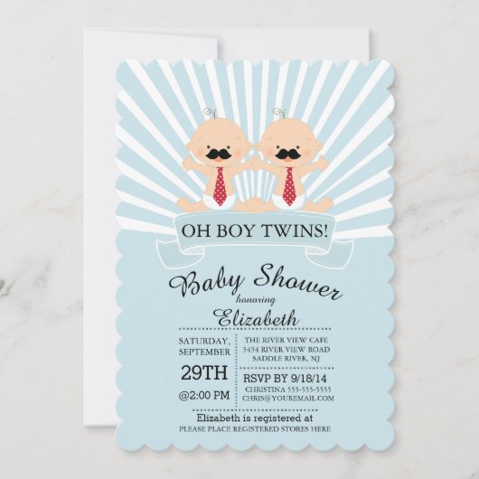 Modern Oh Boy Mustache Twin Boys Baby Dusche Einladung (Vorderseite)